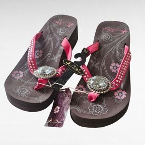 Montana West Pink and Brown Bling Flip Flop Sandals Size 9